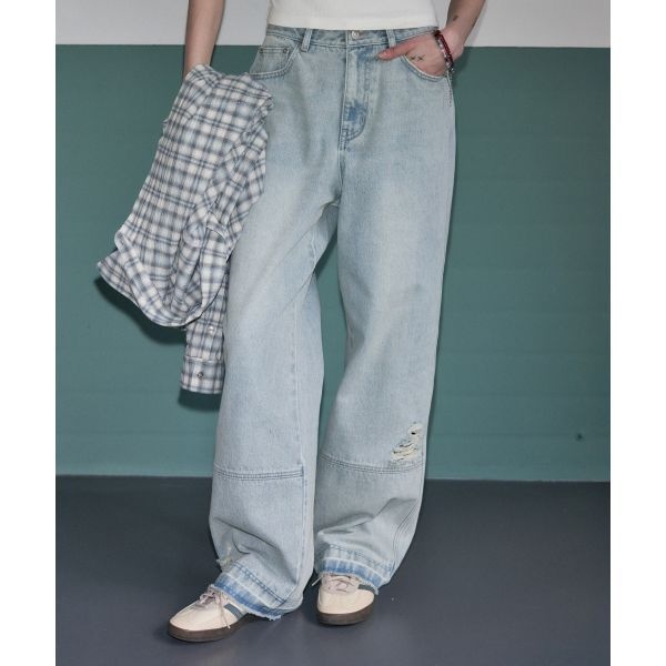 레더리 언폴디드 데미지 워싱 데님 팬츠 LIGHT BLUE 438334