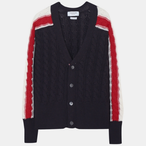 톰브라운 RWB 스트라이프 케이블 스티치 메리노 울 가디건 MKC383A Y1024 (415, 네이비)