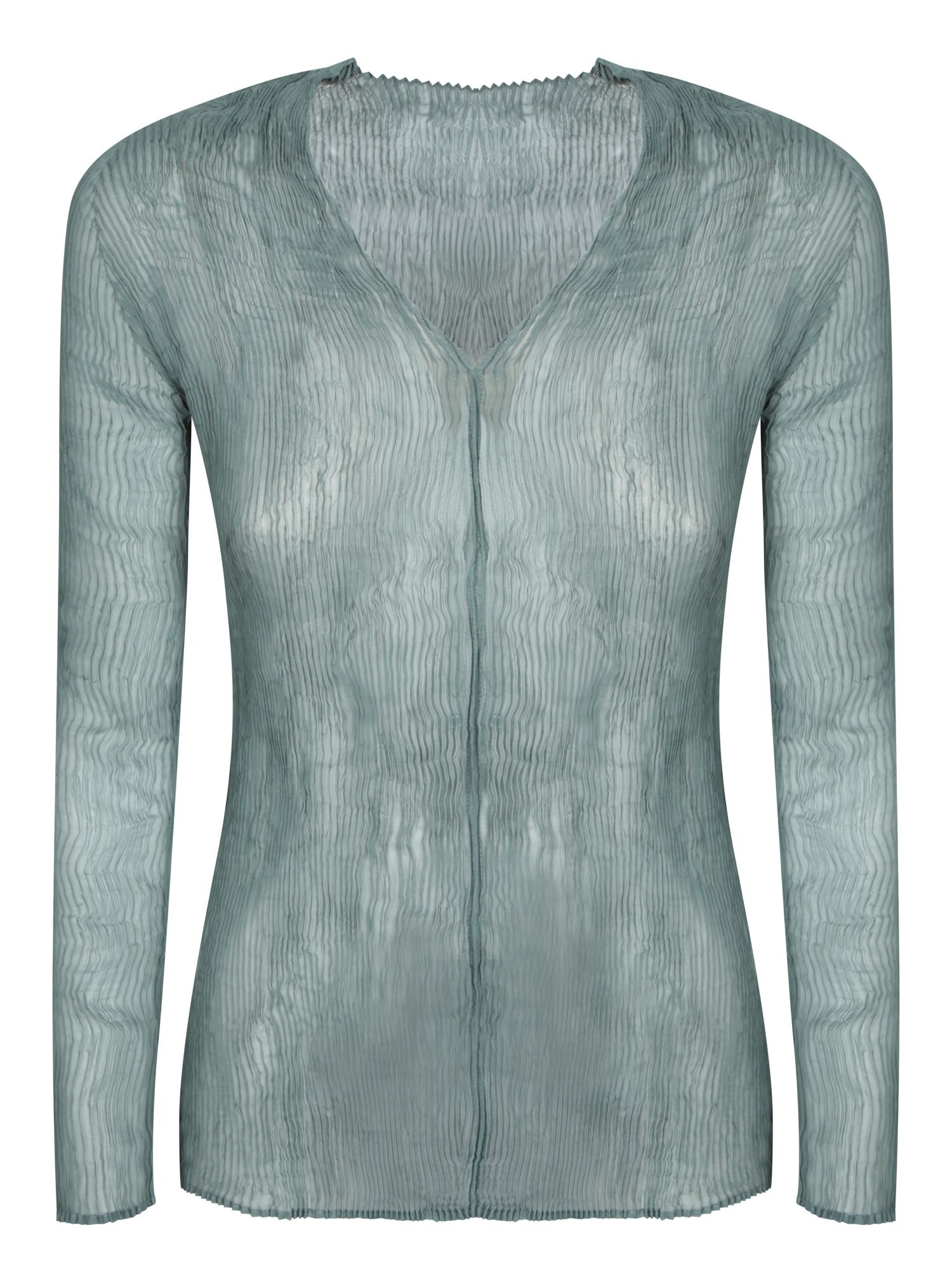 롱 sleeve chiffon 탑. 그린 color. 컷 with 트위스트 detail 앤 V-넥라인. IM56FJ41369