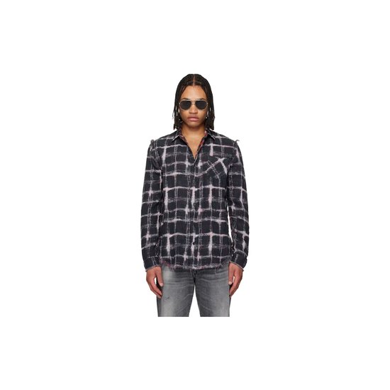 R13 남성 블랙 리버서블 슈레드 심라인 셔츠 261021M192009