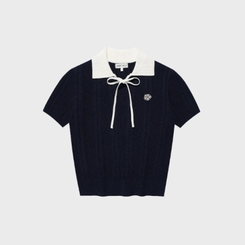 M 반팔티 CQK WA2602KT64DN 우먼스 리본 카라 반팔 니트 네이비