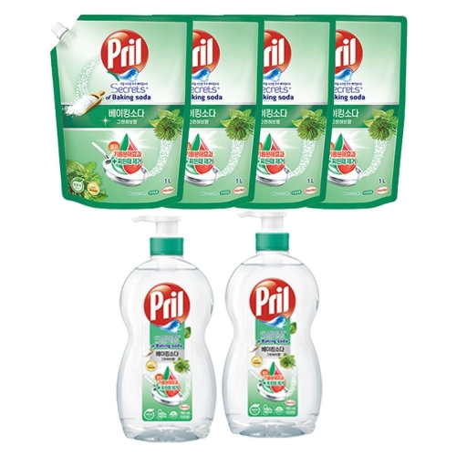 프릴 베이킹소다 주방세제 그린허브 700ml + 리필 1L (본품2개+리필4개)_이미지