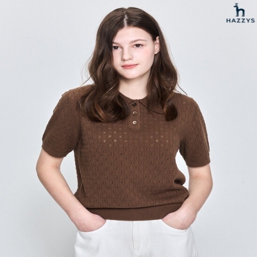 LF 헤지스레이디스 여성 강연 조직감 면 반팔 카라 풀오버 HSSW5B106