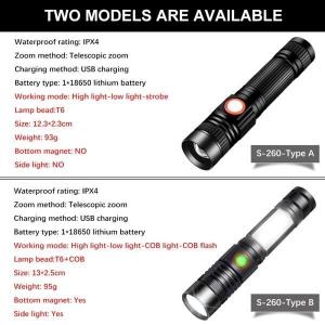 슈퍼 밝은 T6 LED 손전등 USB 충전식 방수 COB 토치 줌 캠핑 램프 휴대용 18650 랜턴 테일 자석