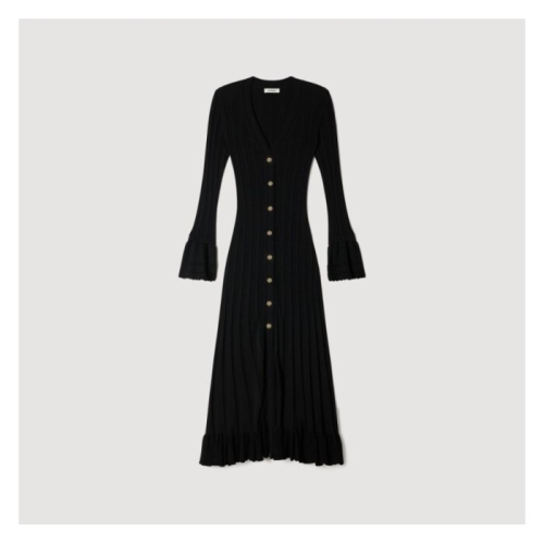 산드로 SANDRO Robe longue en maille A volant Noir_SFPRO04777_이미지