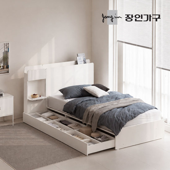 장인가구 리니에 플랫헤드 평상형 6칸 빅수납 긴 서랍 수납 LED침대 SS+협탁