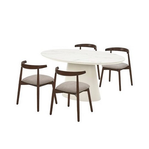 까사미아 보테 화이트 세라믹 타원형 식탁 1600 (패브릭의자4개)_이미지