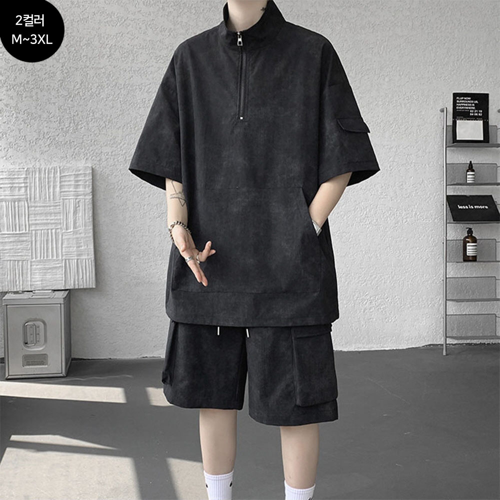 데일리룩 FANSYLI 남자 여름 셋업 남성용 캐주얼 반집업 반팔 셔츠 남방 카고 반바지 투피스 트레이닝세트 2603JLL6114 블랙세트 2XL_이미지