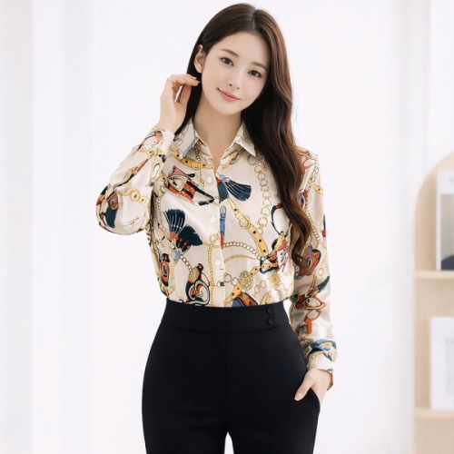 모리스커밍홈 체인나염 셔츠카라 블라우스_M2602BL604A