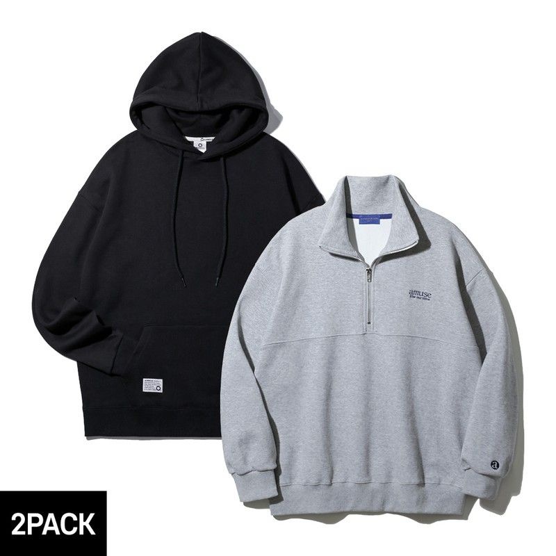 앨빈클로 2PACK AMUSE 반집업 맨투맨 무지 오버핏 후드티 2종 패키지975610_이미지