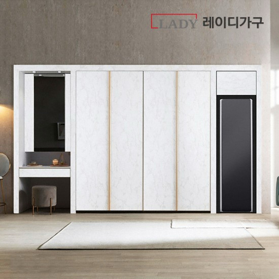 레이디가구 마블 여닫이 붙박이장+파우더장+스타일러장 (300cm)