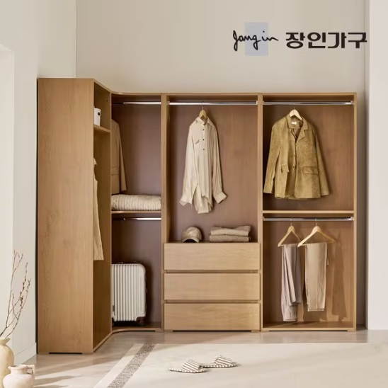 장인가구 클래드 드레스룸 2단 코너장 800 1단 800 2단 800 3단서랍 행거 세트 3200