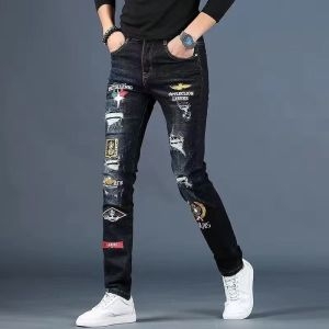 포맨 자수 청바지 찢어진 패치 패치 패치 프린트 스판 청바지 Mens jeans 뉴타임즈 L445F161 29 블랙_이미지