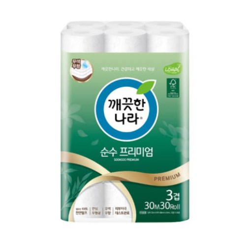 깨끗한나라 순수 프리미엄 30m (30롤) (6팩)_이미지