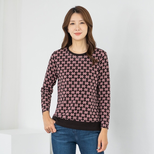 모슬린 엄마옷 라운드 퍼즐 긴팔 티셔츠 726FYK510033 중년여성의류/50대/60대/마담/빅사이즈/할머니옷/40대/여성