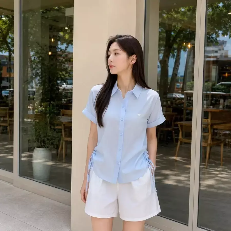 JJ지고트 사이드 셔링 셔츠카라 블라우스 6N0BL641