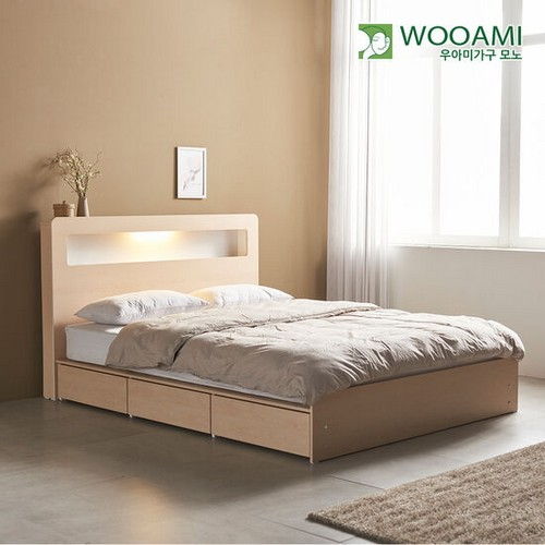 우아미가구 모노 비즈 3서랍 수납형 LED침대 SS (독립스프링)