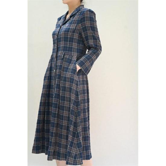린넨 체크 칠부 원피스 B232WO2120