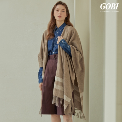 고비 GOBI 캐시미어 100 우븐 케이프 판초 내추럴 라인_이미지