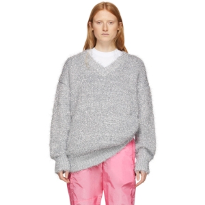  MSGM Silver Lurex V-Neck Sweater