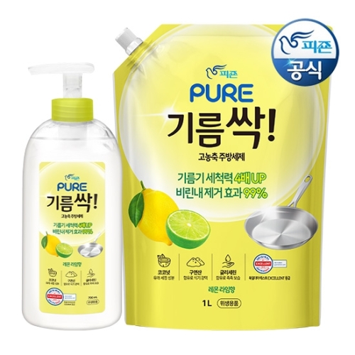 피죤 퓨어 기름싹 레몬라임향 700ml + 리필 1L (본품1개+리필1개)