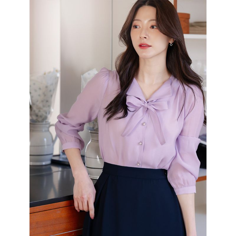 시크라인 XXL까지 고니덴 타이넥 시스루 블라우스 봄 가을 하객룩 오피스룩 모임룩 격식룩 빅사이즈 CLQA-B-25 퍼플 F_이미지
