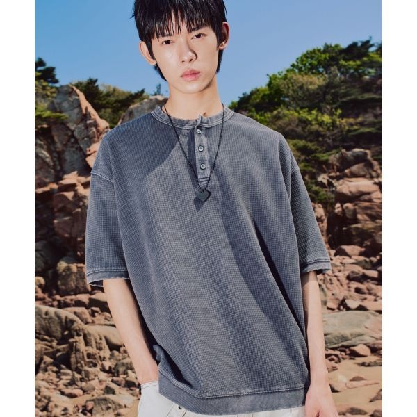 엑스톤즈 XTONZ XTT144 빈티지 워싱 와플 헨리넥 티셔츠 CHARCOAL XTT144CC 364130_이미지