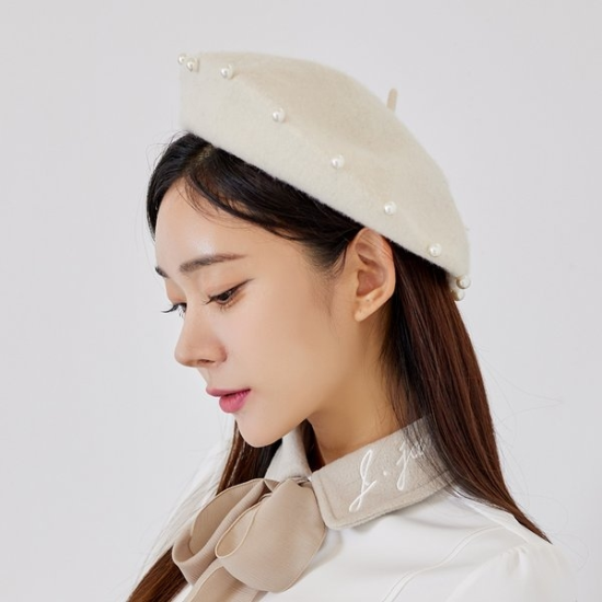 제이제인  진주 라인 울 베레모 아이보리