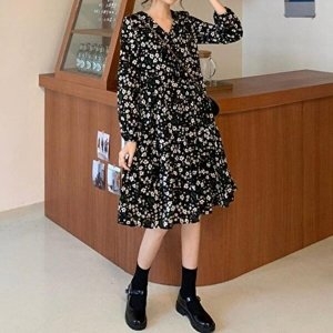 JHQPP847_4B 대학 여대생 쉬폰원피스 개강 꽃 긴팔원피스