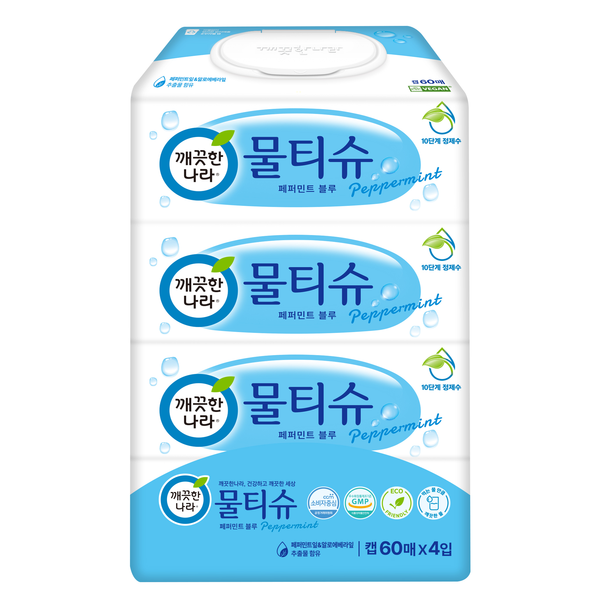 깨끗한나라 ㅤ페퍼민트 블루 물티슈 캡형 60매 (24팩)_이미지