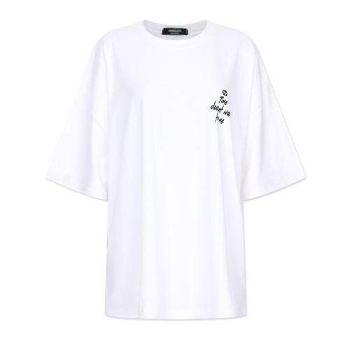 국산 여성 라운드넥 타임 오버핏 뒷면 레터링 반팔티 ODA-WSH-20721-화이트