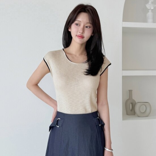 모리스커밍홈 배색 레이어드 캡소매 니트_M2506KN638B_이미지