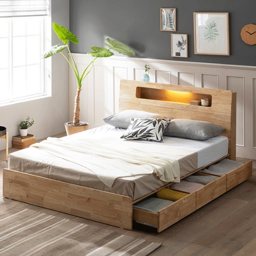 장인가구 마들렌 고무나무 3단 서랍 LED침대 Q (매트별도)