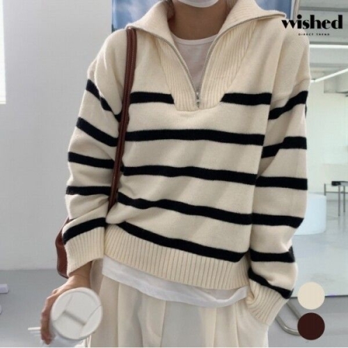 위시드 디에스 캐쥬얼 루즈핏 단가라 하프넥 집업 니트 WIACNT016_이미지