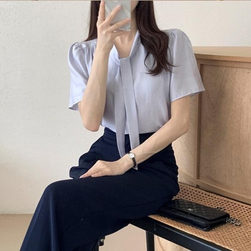 더블디 여성 모던 심플 타이 반팔 블라우스 TDN-0057_이미지