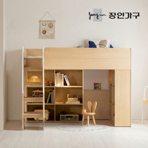 장인가구 도담 어린이 높은 수납 벙커침대 SS+전면계단+책장2개 (낮은독립)_이미지