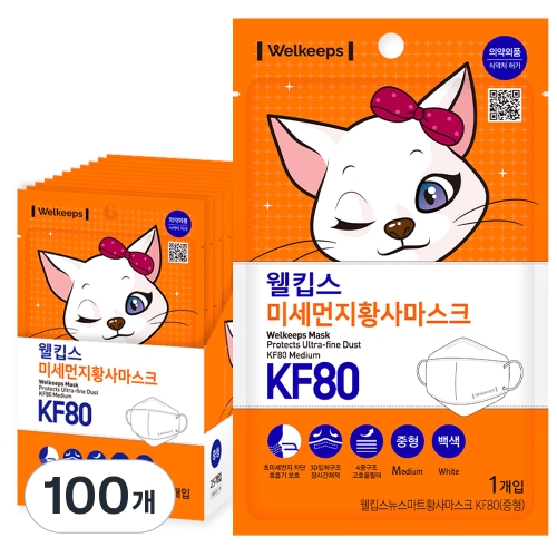 파인텍 웰킵스 미세먼지 황사 마스크 KF80 중형 (100매)