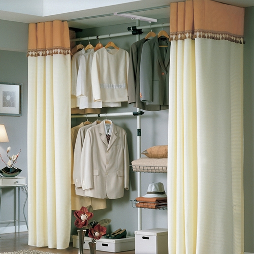 가화행거 3단 옷걸이 2단 수납바구니형 드레스룸 커튼 행거_이미지