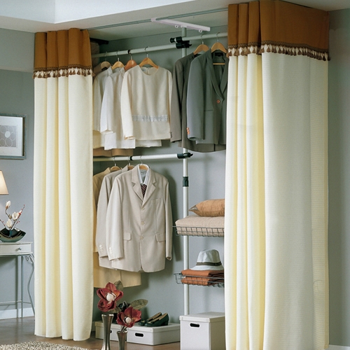 가화행거 3단 옷걸이 2단 수납바구니형 드레스룸 커튼 행거_이미지