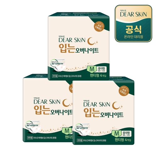 깨끗한나라 디어스킨 입는 오버나이트 중대형 4개 (3팩(12개))