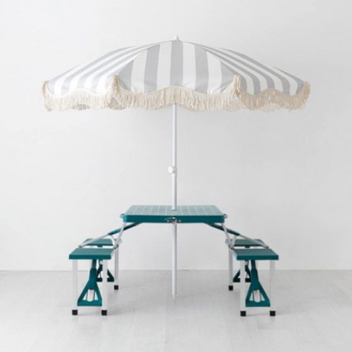 마켓비 로밀 파라솔 그레이스트라이프A + 캠폴 야외 의자일체형 접이식 테이블 4인세트 그린