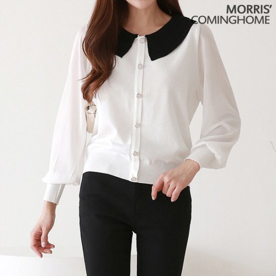 트라이씨클 모리스커밍홈 러블리 카라배색 쉬폰소매 긴팔 니트 M2309KN624C