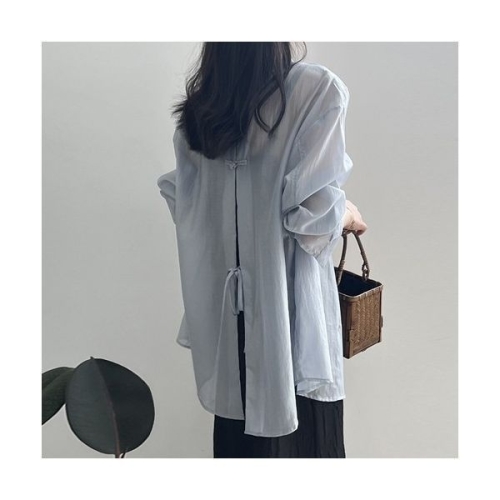 바바라옷장 2580997 샤이니 뒷트임 시스루 여성롱블라우스 빅사이즈블라우스 시스루블라우스 오버핏셔츠 여성셔츠 롱 블루 FREE