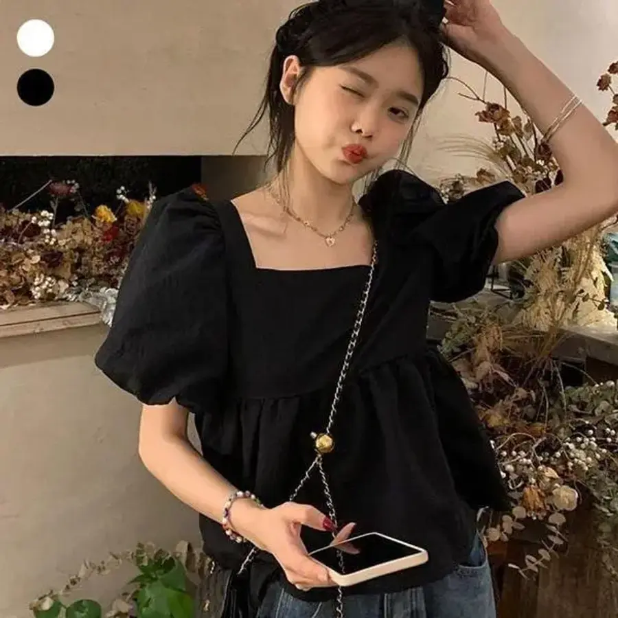 오노마 ONM 여성 스퀘어넥 퍼프 소매 입체 패턴 반팔 블라우스 S37326902_이미지