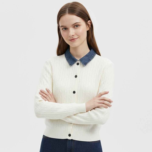 샵앤 여성 데님 카라넥 꽈배기 니트 베이직 가디건 NARU-WCD-21039