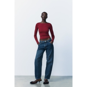 자라 리브드 보트넥 티셔츠 버건디 244195