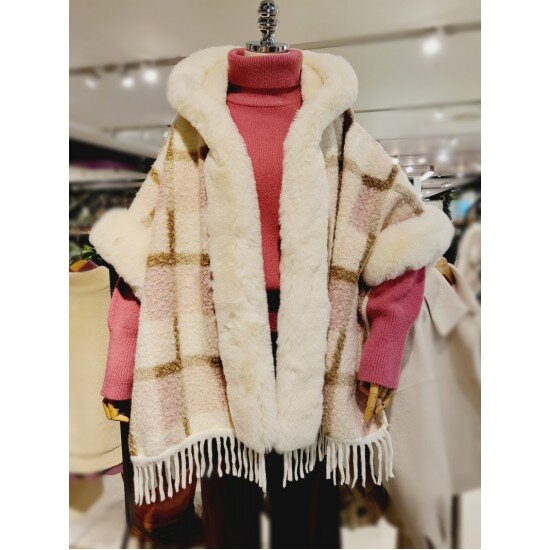포커스 퍼후드 체크 케이프 코트 FW3L7CT0413_이미지