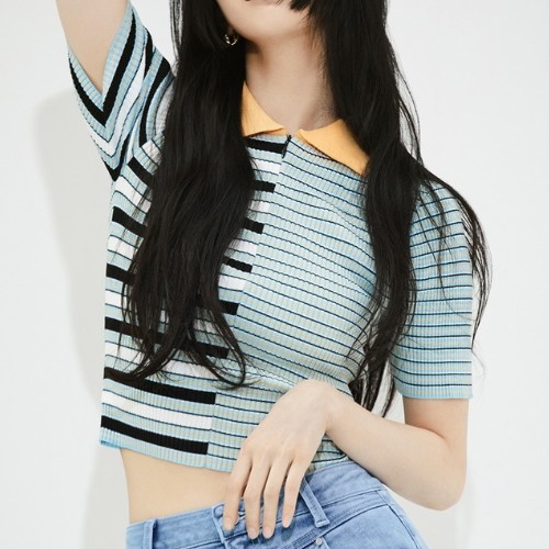 게스 백 슬릿 스트라이프 반팔 카라 스웨터 YN2S1661