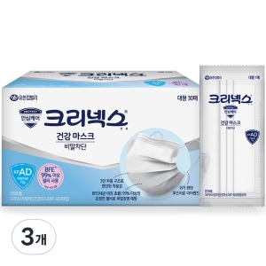 유한킴벌리 크리넥스 비말차단 건강 마스크 대형 KFAD 30개입 3개 화이트