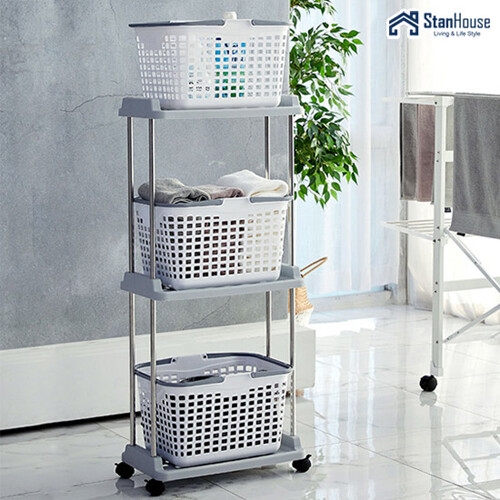 한양켐 스텐하우스 NEW 3단 이동식 빨래바구니 선반형